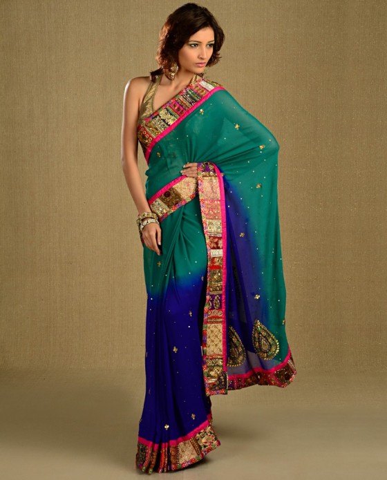 Electric Indigo and Flora Green Sari