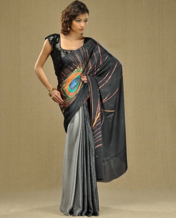 Ash grey crepe peacock sari