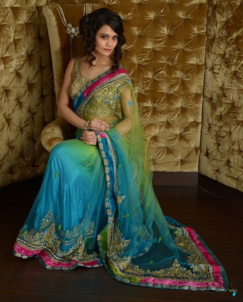 Parrot green peacock sari by Pam Mehta