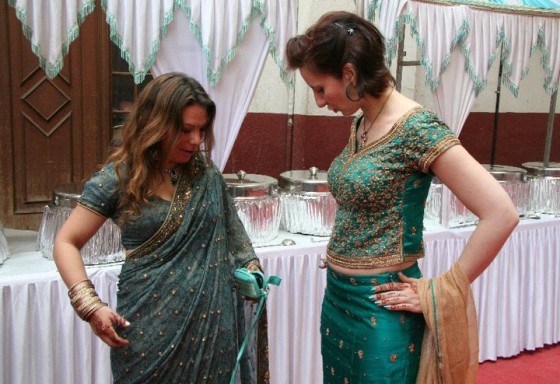 white girls in blue indian saris