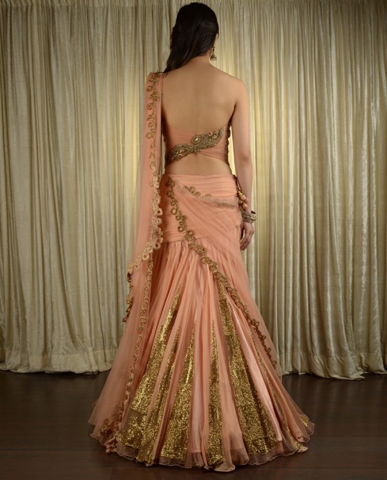 peach lengha wedding by pam mehta