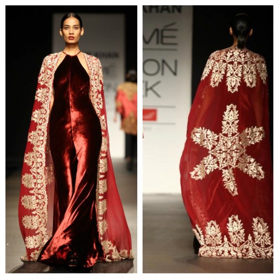 Naeem Khan red dress with cape Lakme Fashion Week